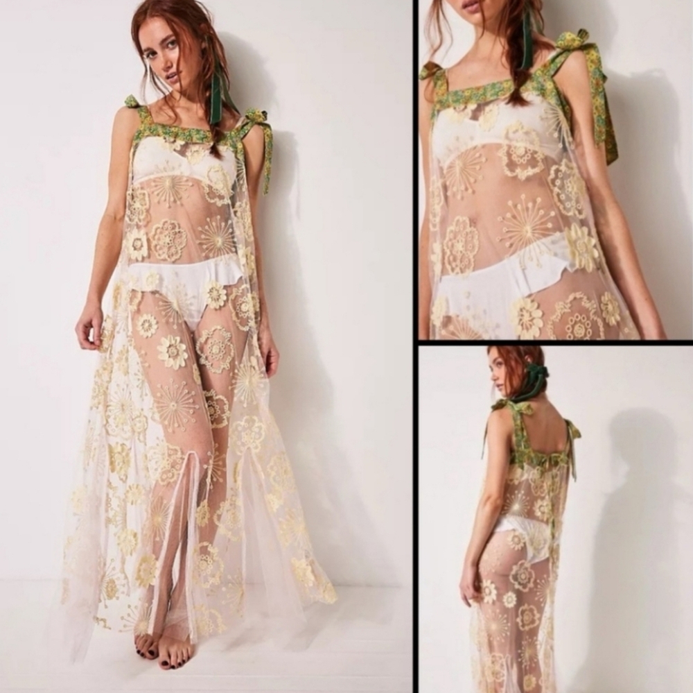 NWT Free People Bali Flower Fields Lace Sheer Embroidered Coquette Maxi Slip